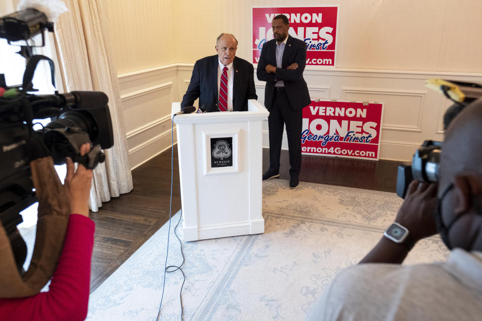 Rudy Giuliani endorses GOP candidate Vernon Jones for Governor of Georgia during a press conference Wednesday, June 30, 2021 in Atlanta, Ga. (AP Photo/Ben Gray)