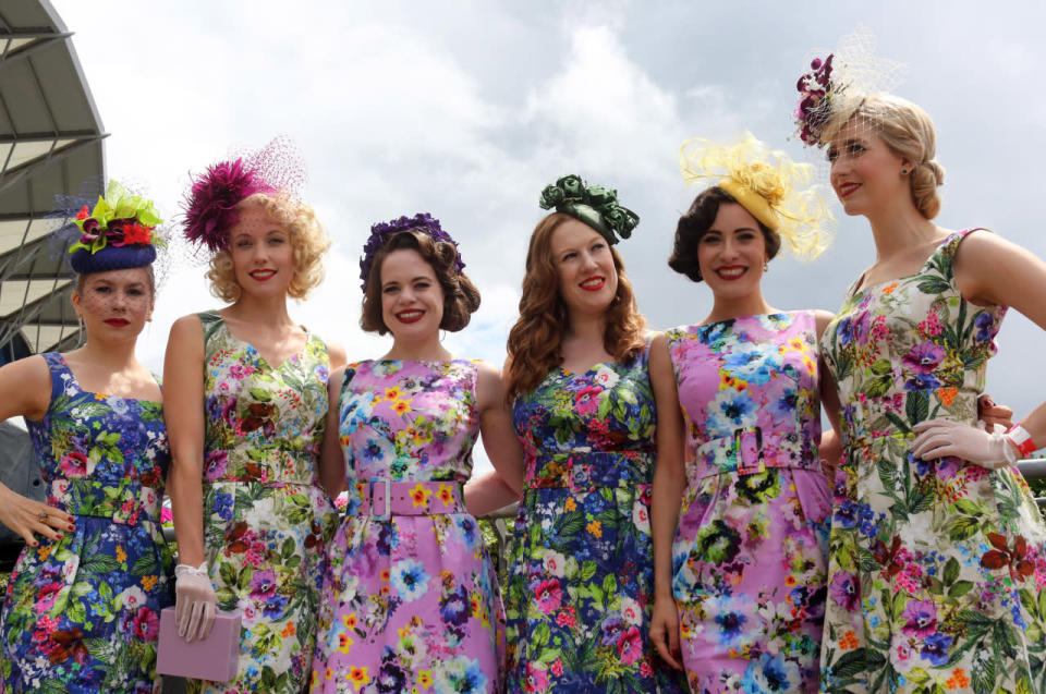 Racegoers in marvellous clashing florals. 