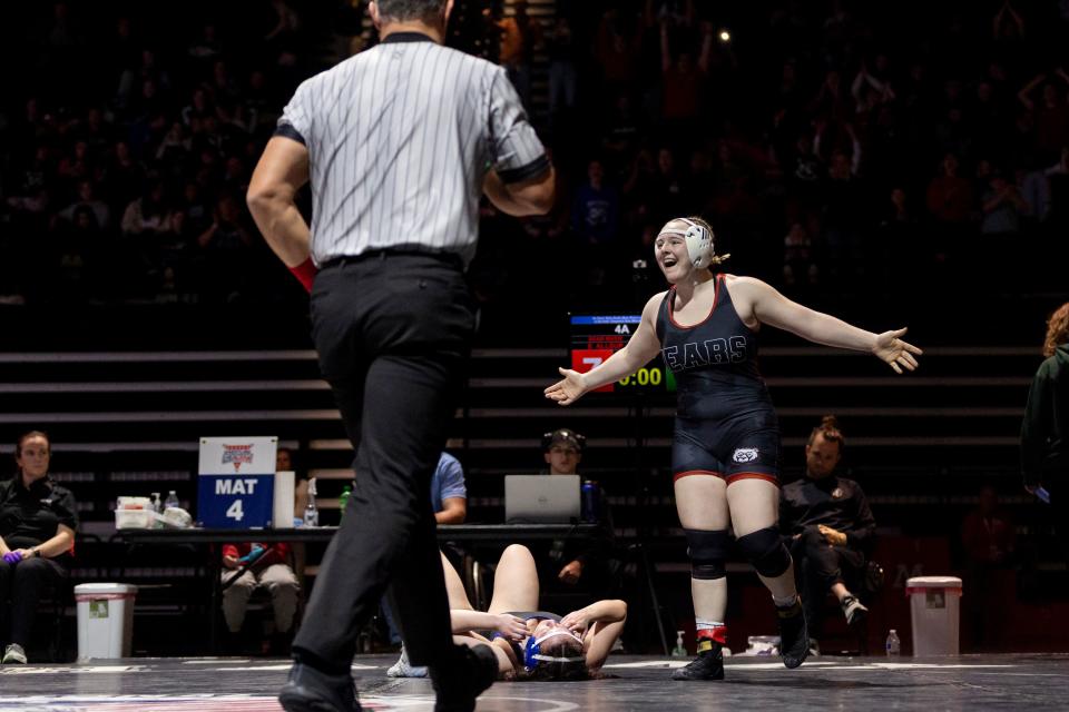 Bear River’s Eve Allsup celebrates a win against Stansbury’s Alize Acosta during the 4A Girls Wrestling State Championships at the UCCU Center in Orem on Thursday, Feb. 15, 2024. | Marielle Scott, Deseret News