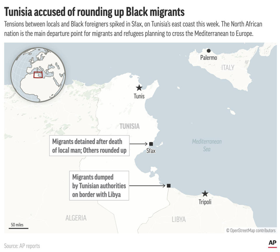 An influx of migrants hoping to get to Europe through Tunisia has inflamed tensions in the seaside city of Sfax. (AP Graphic)