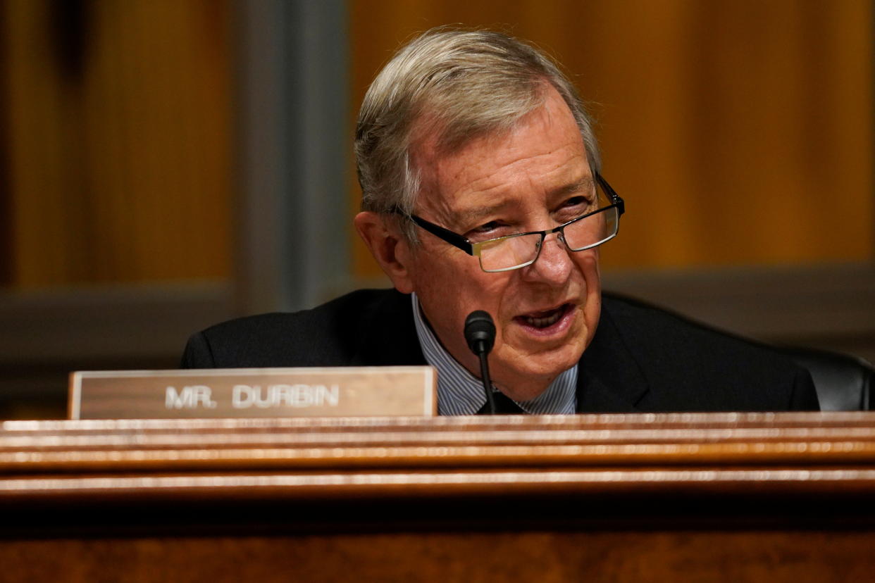Senate Majority Whip Dick Durbin speaks during Senate Judiciary Competition Policy, Antitrust, and Consumer Rights Subcommittee hearing.