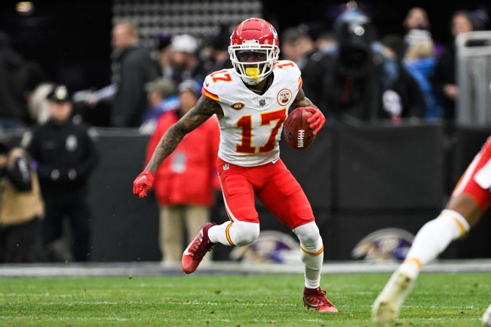 Kansas City Chiefs wide receiver Richie James (17) returns a punt during the first half of the AFC Championship NFL football game against the Baltimore Ravens, in Baltimore, Sunday, Jan. 28, 2024 (AP Photo/Terrance Williams)