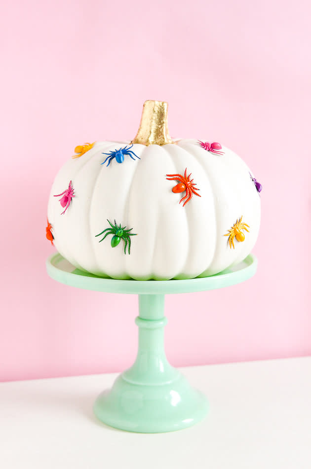 white pumpkin with colorful spiders (The Crafted Life )