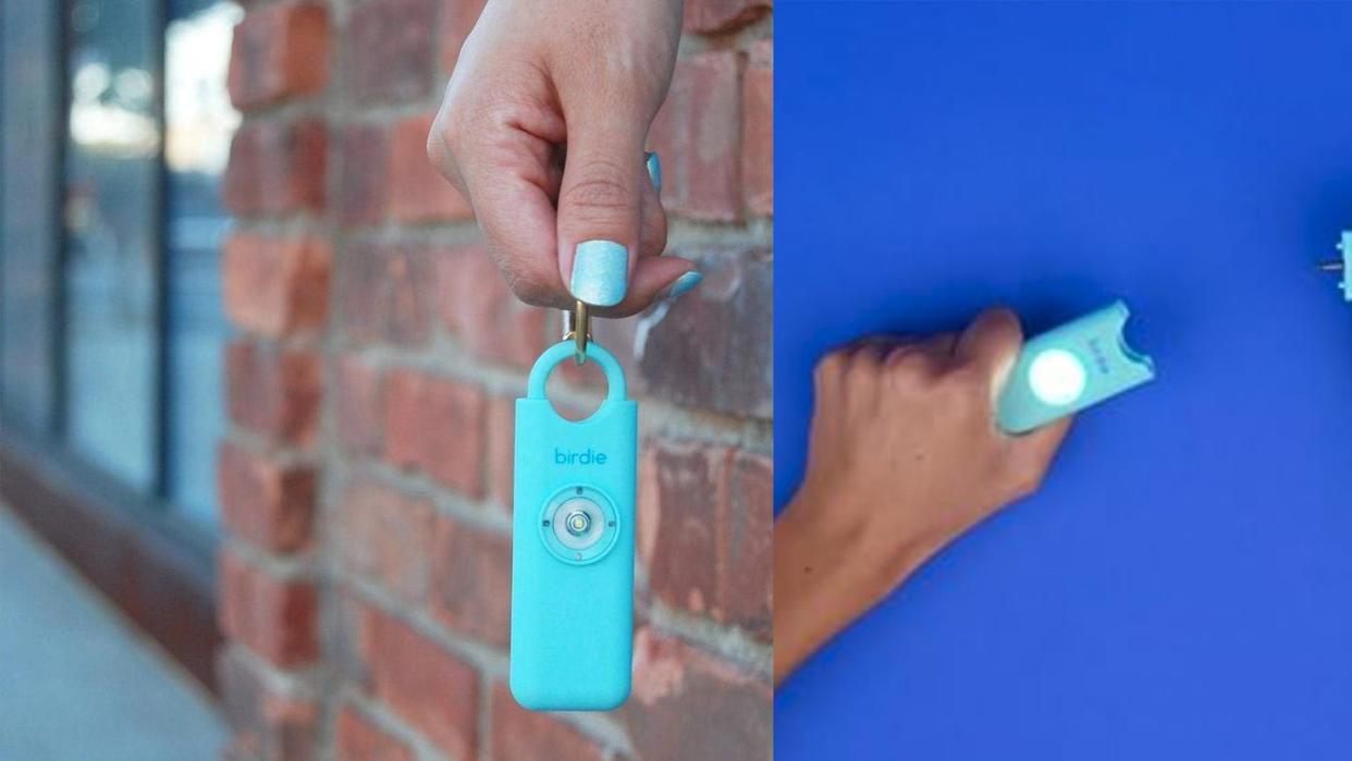 a person holding a blue alarm