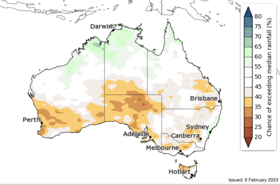 A map showing expected rainfall for Australia. 