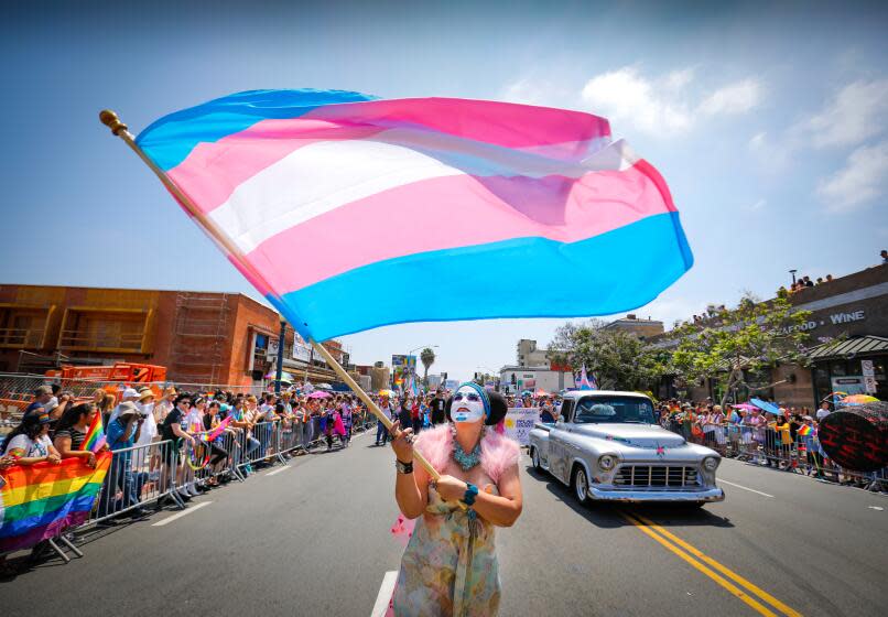 Sister Yesate of the Sisters of Perpetual Indulgence waved a transgender flag while walking the annual San Diego Pride Parade in Hillcrest on July 13.