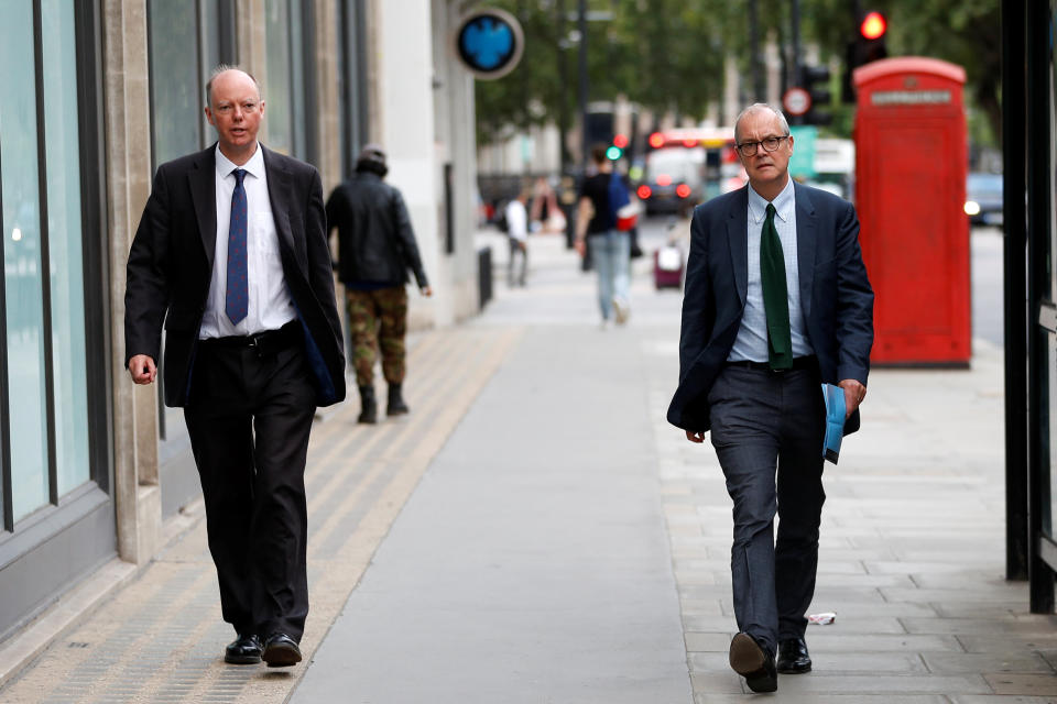 Chief Medical Officer for England Chris Whitty is seen walking alongside Chief Scientific Adviser Sir Patrick Vallance, amid the outbreak of the coronavirus disease (COVID-19), in London, Britain, September 9, 2020. REUTERS/Peter Nicholls