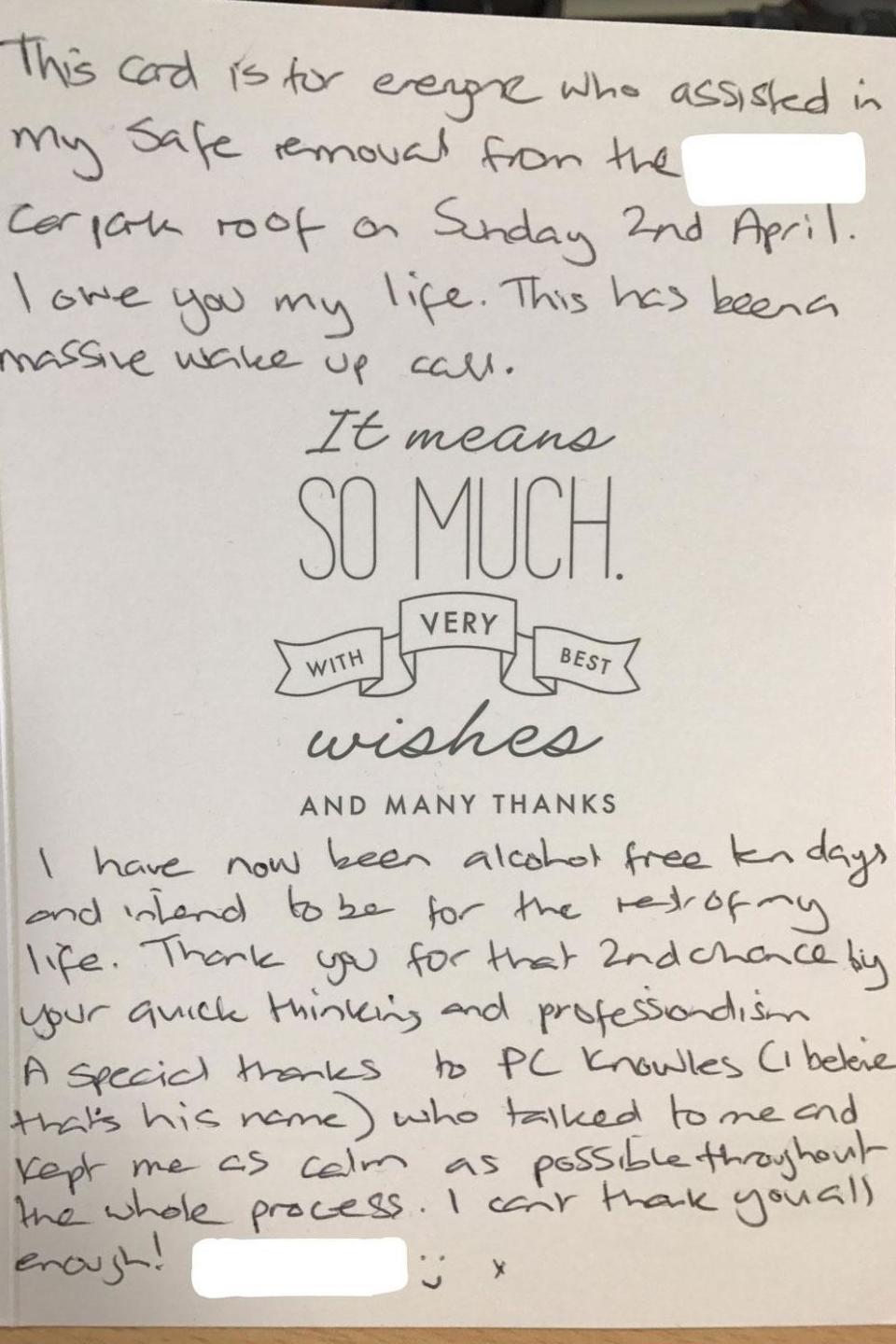 Touching: The thank you card was 'a lovely thing', police said. (MPS Kingston)