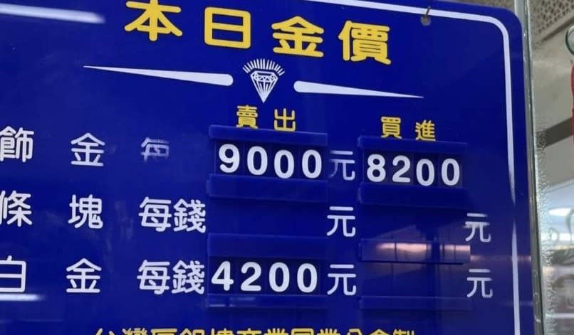 金價漲瘋了，銀樓黃金牌告價今（1）日來到每錢9000元，再創史上新高，門市也湧現「拋金潮」。圖/記者陳依旻攝