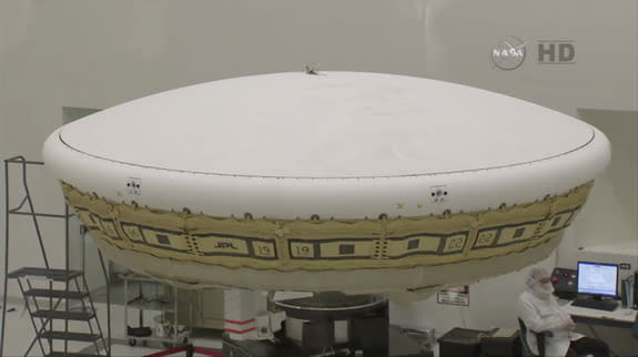 Looking down on NASA's Low-Density Supersonic Decelerator (LDSD) test vehicle during a spin test at the agency's Jet Propulsion Laboratory in Pasadena, California on March 31, 2015.