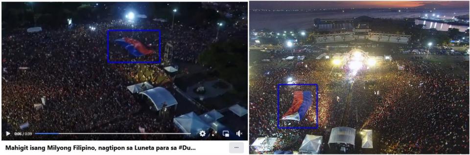 <span>Screenshot comparison of the flag as seen in the 2016 footage (left) and the photo published by GMA News (right)</span>