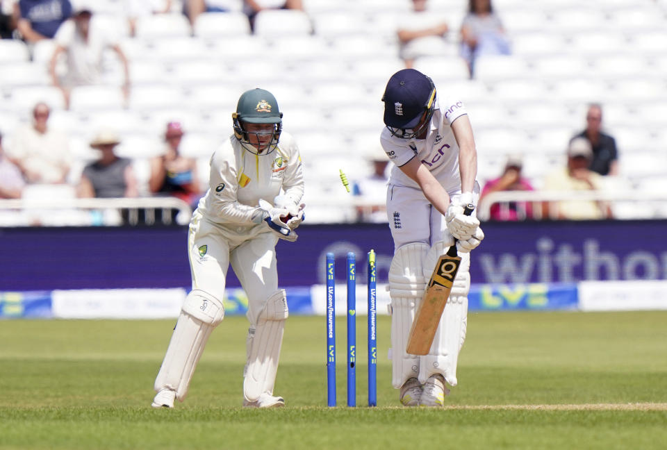 England's Lauren Filer is bowled by Australia's Ashleigh Gardner during day five of the first Women's Ashes test match at Trent Bridge, Nottingham, England, Monday June 26, 2023. (Tim Goode/PA via AP)