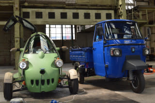 Electric Piaggio Ape (r.), SAM at start of WAVE rally June 2018 [WORLDREACH PHOTO]