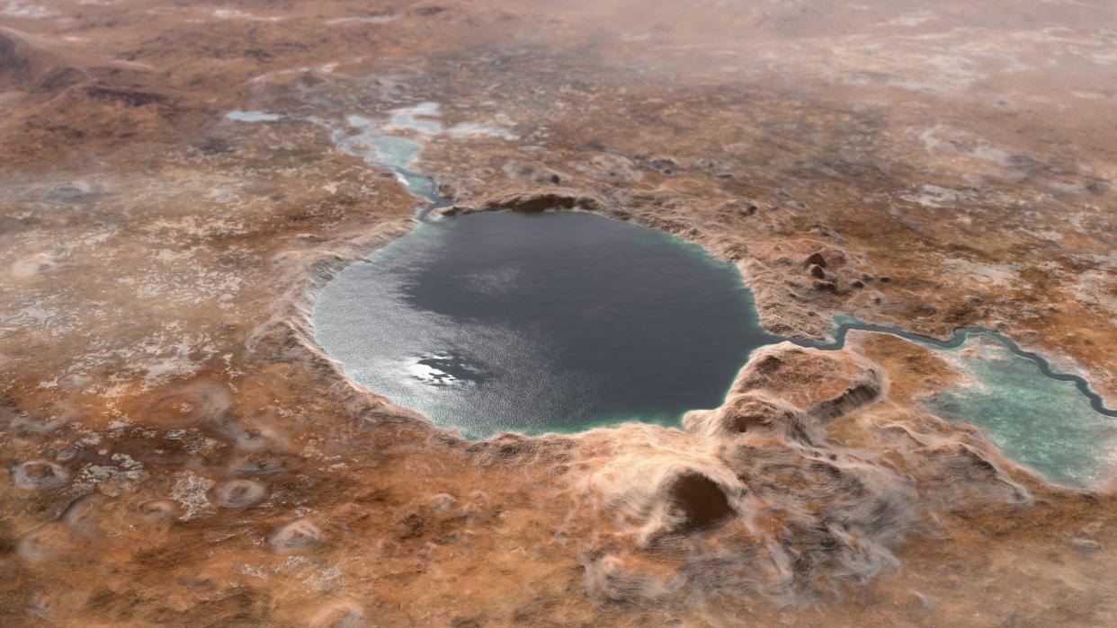  An illustration of a lake surrounded by dry, red landscape. 