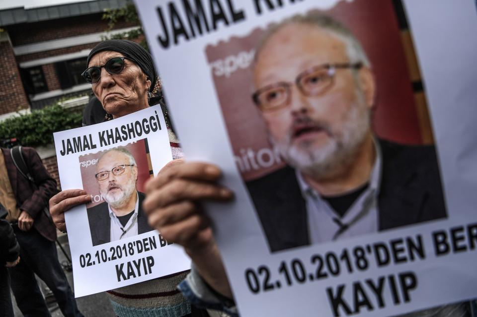 Protesters hold a portrait of missing journalist and Riyadh critic Jamal Khashoggi reading "Jamal Khashoggi is missing since October 2" during a demonstration in front of the Saudi Arabian consulate on Oct. 9, 2018, in Istanbul. (Photo: OZAN KOSE via Getty Images)