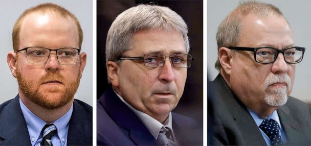 PHOTO: From left, Travis McMichael, William 'Roddie' Bryan, and Gregory McMichael during their trial at at the Glynn County Courthouse in Brunswick, Ga.  (Pool via AP, FILE)