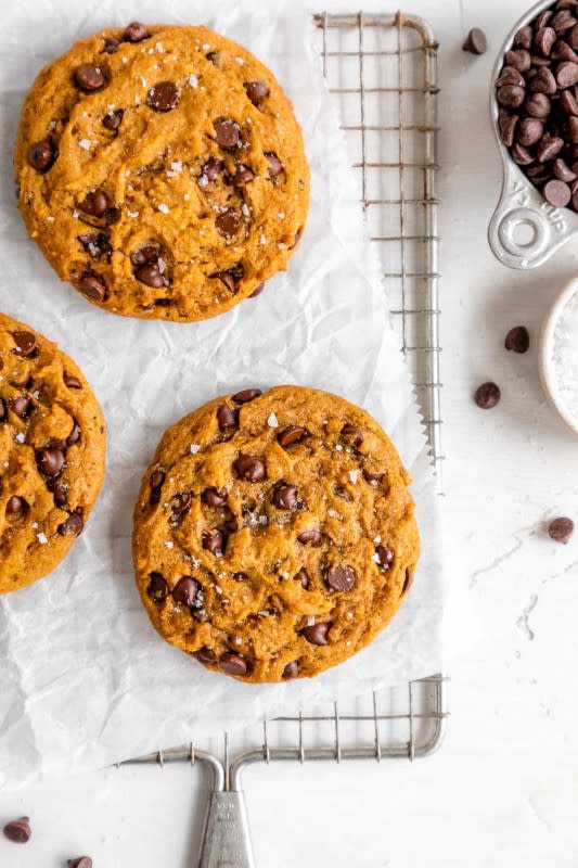 <p>Purely Kaylie</p><p>Vegan pumpkin chocolate chip cookies are one of the best fall desserts! They are super soft, gooey, thick and made with real pumpkin purée. </p><p><strong>Get the recipe: <em><a href="https://www.purelykaylie.com/vegan-pumpkin-chocolate-chip-cookies/" rel="nofollow noopener" target="_blank" data-ylk="slk:Vegan Pumpkin Chocolate Chip Cookies;elm:context_link;itc:0;sec:content-canvas" class="link rapid-noclick-resp">Vegan Pumpkin Chocolate Chip Cookies</a></em></strong></p>