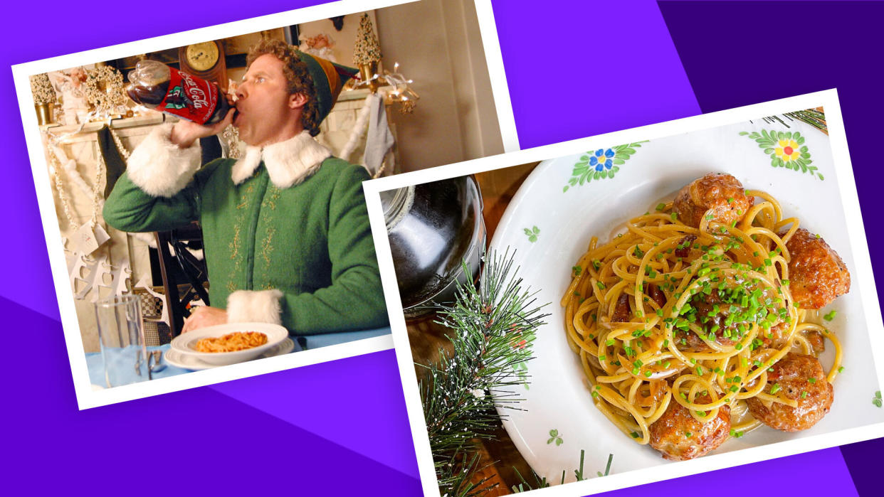 Buddy the Elf would leap for joy over these original recipes for Maple Bacon Meatballs and Pasta and a Candy Cane Forest Milkshake. (Photos: Everett Collection/Jenny Kellerhals)