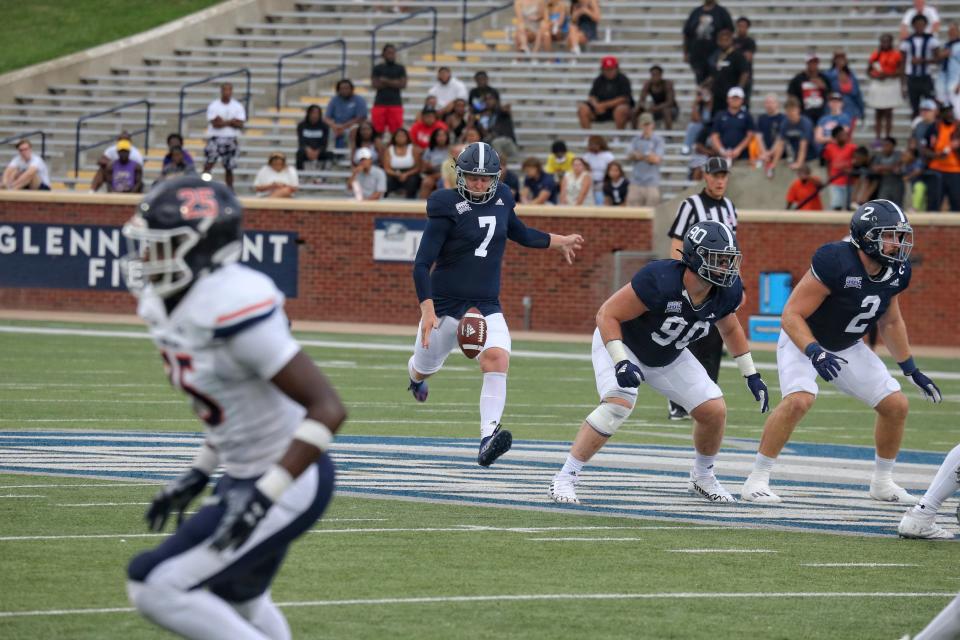 Anthony Beck II (7), a South Effingham High School graduate, punts to Morgan State in the 2022 season and  home opener at Paulson Stadium on Saturday, Sept. 3 in Statesboro.