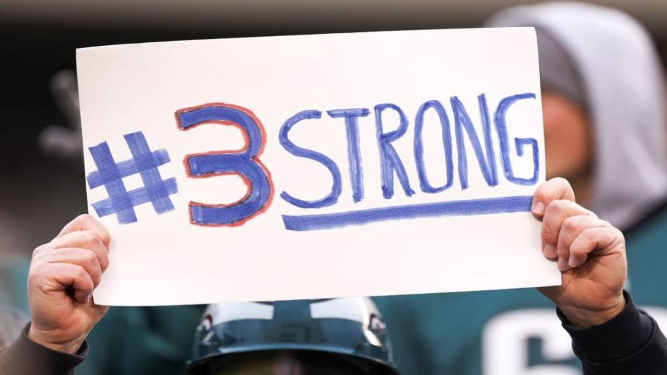 A fan displays a sign for Damar Hamlin #3 of the Buffalo Bills during a game between the Philadelphia Eagles and the New York Giants at Lincoln Financial Field on Jan. 8, 2023, in Philadelphia. <br>(Photo by Tim Nwachukwu/Getty Images)