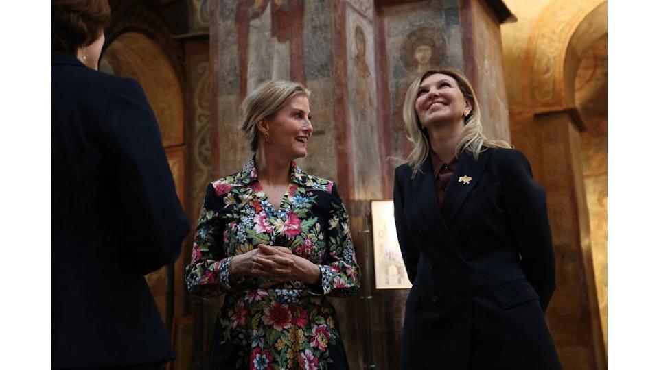 Duchess of Edinburgh Sophie (L) with the First Lady of Ukraine Olena Zelenska (R) visit the Saint Sophia Cathedral in Kyiv on April 29, 2024 amid the Russian invasion of Ukraine. The visit, to demonstrate solidarity with the women, men and children impacted by the war, is a continuation of her work to champion survivors of conflict related sexual violence.