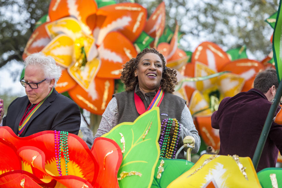 NEW ORLEANS, LA - FEBRUARY 16: CBS drama NCIS: New Orleans cast member CCH Pounder riding as an Orpheus monarch in the Krewe of Orpheus parade during Mardi Gras on February 16, 2015 in New Orleans, Louisiana. 