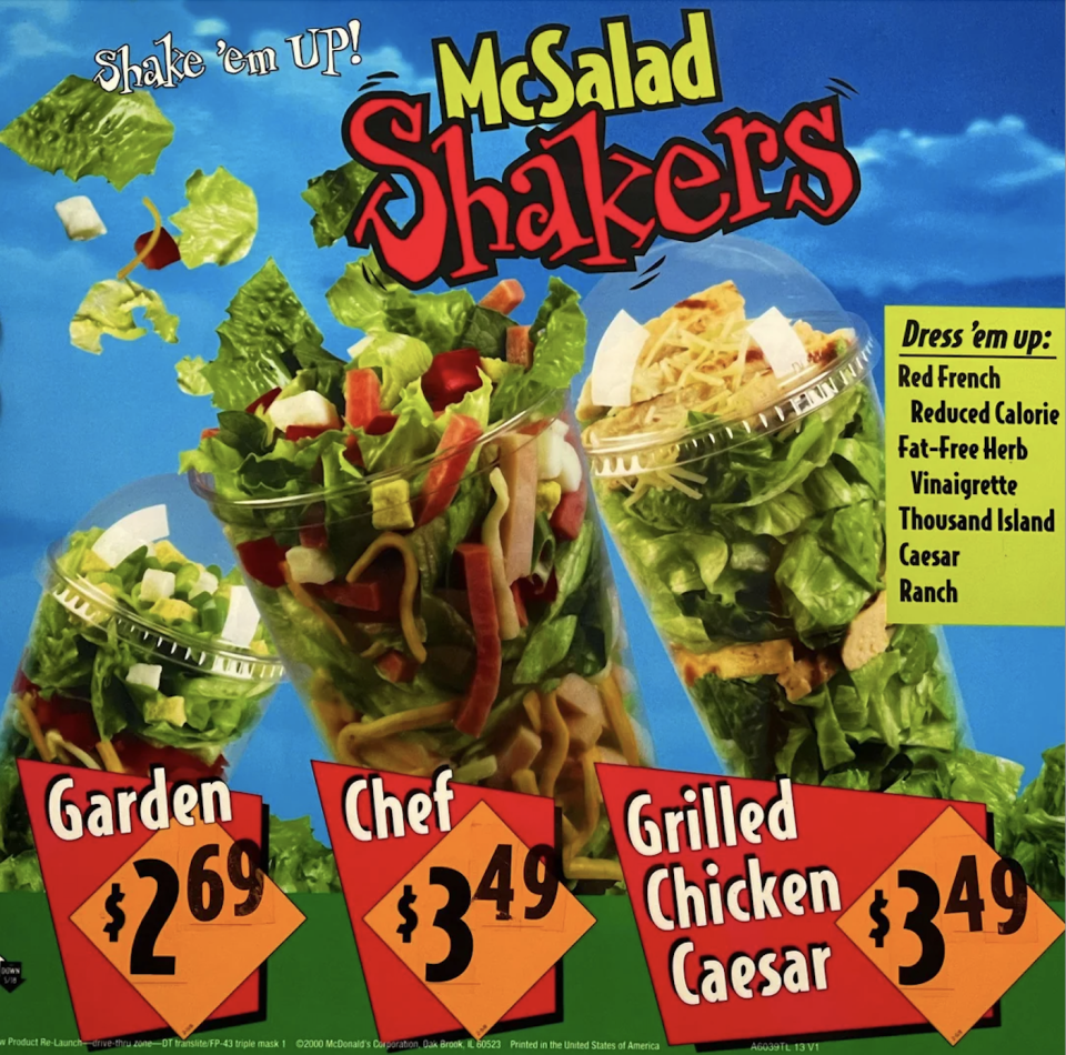 Advertisement for McDonald's McSalad Shakers featuring Garden for $2.69, Chef for $3.49, and Grilled Chicken Caesar for $3.49. Dressings are listed to the right