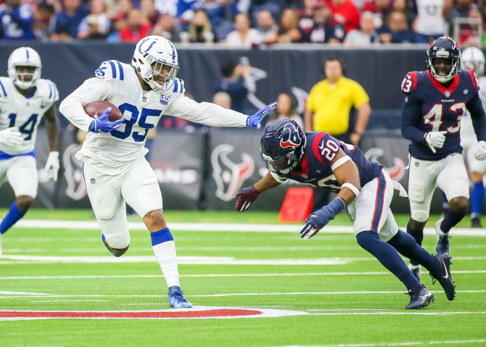 <p>Indianapolis Colts tight end Eric Ebron (85) tries to push off Houston Texans strong safety Justin Reid (20) during the football game between the Indianapolis Colts and Houston Texans on December 9, 2018 at NRG Stadium in Houston, Texas. (Photo by Leslie Plaza Johnson/Icon Sportswire) </p>