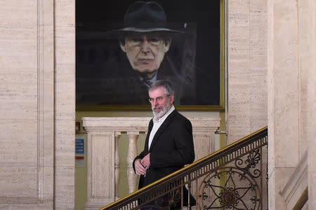 Sinn Fein's Gerry Adams leaves Parliament buildings at Stormont for the last time in his role as Sinn Fein President in Belfast, Northern Ireland, February 9, 2018. REUTERS/Clodagh Kilcoyne