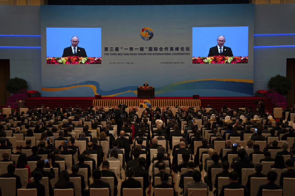 Russian President Vladimir Putin delivers a speech during the Belt and Road Forum at the Great Hall of the People in Beijing, Wednesday, Oct. 18, 2023. (AP Photo/Louise Delmotte)