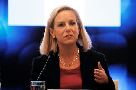 U.S. Secretary of Homeland Security Kirstjen Nielsen takes part in a news conference after the IV meeting of security ministers of the Northern Triangle of Central America in San Salvador, El Salvador February 20, 2019. REUTERS/Jose Cabezas