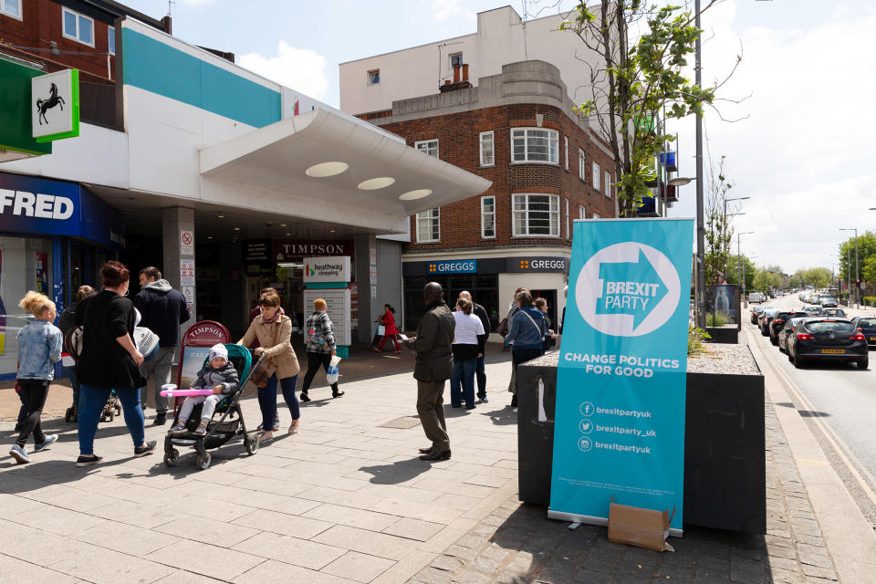 Image: A Brexit Party supporter canvasses for the upcoming European elections on the street in Dagenham Heathway,, U.K. (Vickie Flores / In Pictures via Getty Images file)