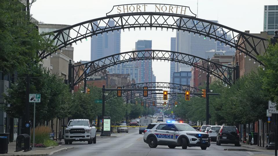 Columbus police are looking for a suspect vehicle after 10 people were shot in the Short North area of Columbus overnight. All are expected to survive.