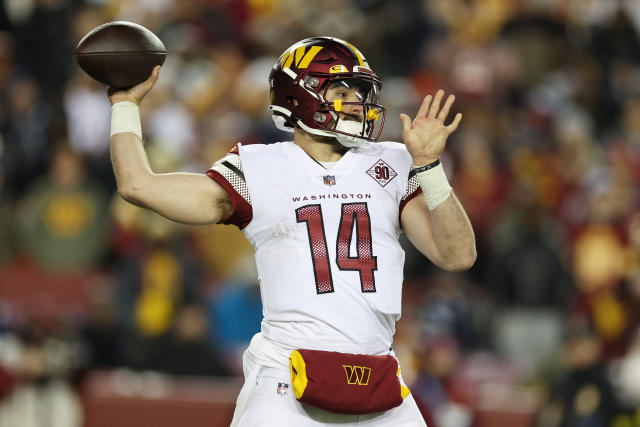 Landover, MD, USA - August 21, 2023 : Washington Commanders quarterback  Jake Fromm (11) throws the p