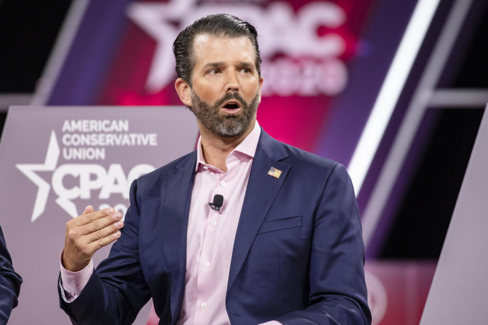 Donald Trump Jr., son of President Donald Trump, speaks on stage during the Conservative Political Action Conference 2020 (CPAC) hosted by the American Conservative Union on February 28, 2020 in National Harbor, MD. (Samuel Corum/Getty Images)