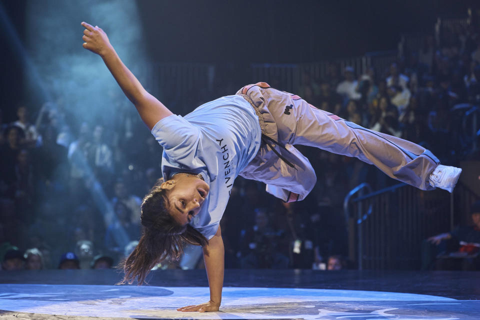 India Sardjoe, also known as B-Girl India, from the Netherlands, competes in the B-girl Red Bull BC One World Final at Hammerstein Ballroom on Saturday, Nov. 12, 2022, in Manhattan, New York. The International Olympic Committee announced two years ago that breaking would become an official Olympic sport, a development that divided the breaking community between those excited for the larger platform and those concerned about the art form’s purity. (AP Photo/Andres Kudacki)