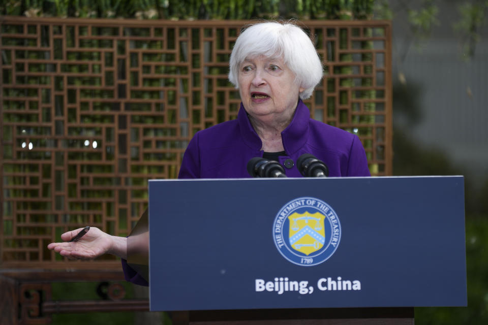 U.S. Treasury Secretary Janet Yellen speaks during a press conference in Beijing, China, Monday, April 8, 2024. The Biden administration will push China to change an industrial policy that poses a threat to U.S. jobs, Treasury Secretary Yellen said Monday after wrapping up four days of talks with Chinese officials.(AP Photo/Tatan Syuflana)