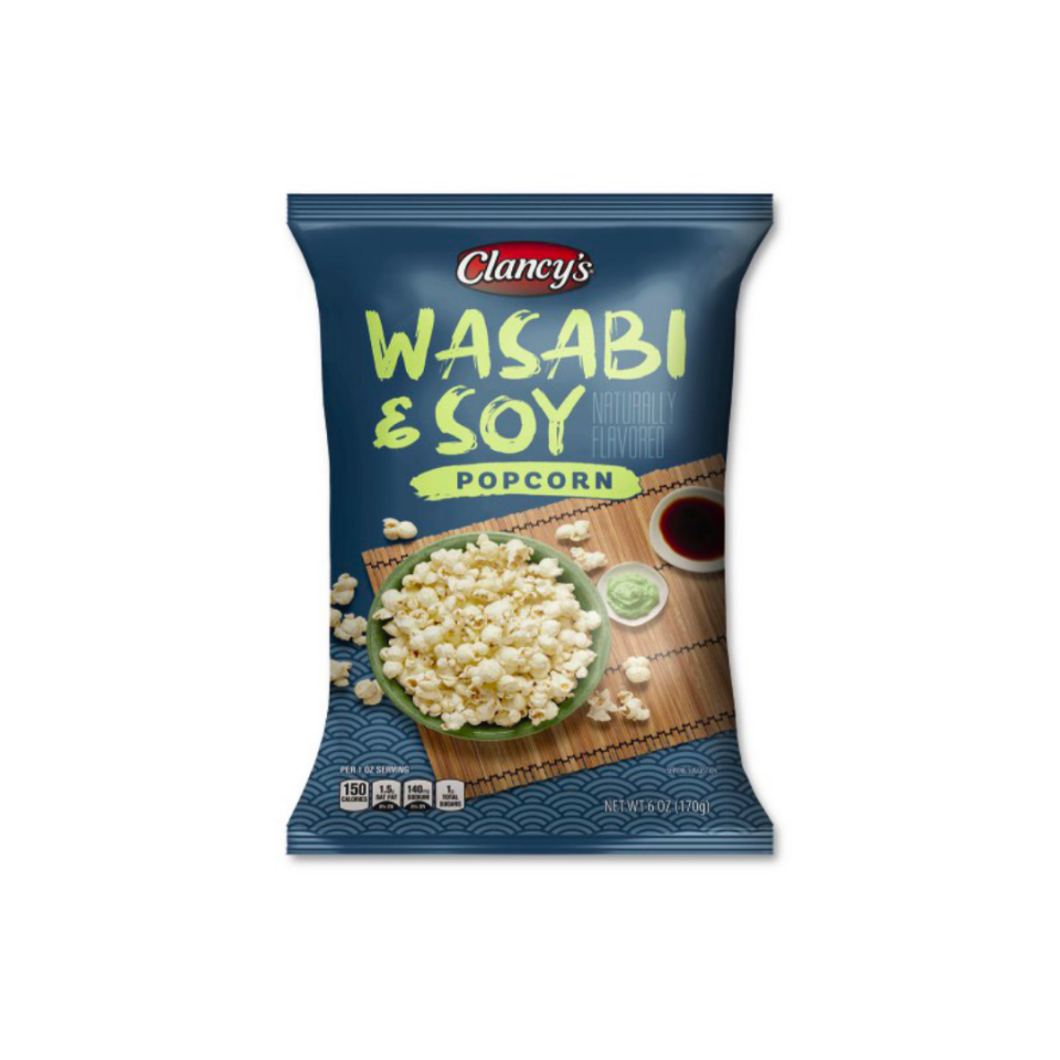 gray bag of wasabi and soy popcorn