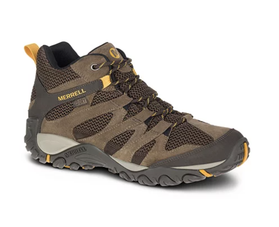 Merrell Men's Alverstone Mid Waterproof Kinetic Fit Hiking Boots in brown with yellow detailing (Photo via Marks)