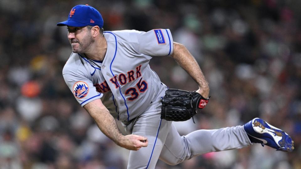 July 7, 2023;  San Diego, California, USA;  New York Mets starting pitcher Justin Verlander (35) throws a pitch against the San Diego Padres during the fifth inning at Petco Park.