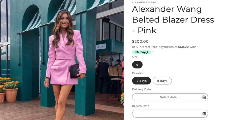 Model wearing the same pink Alexander Wang Belted Blazer dress as Home and Away star Ada, on the One Wear Only Hire website showing the price for 4 days