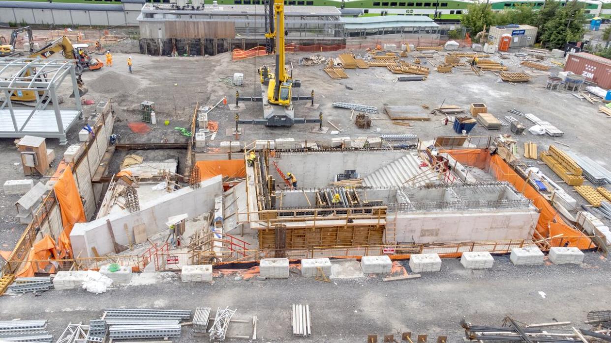 A view of the construction site at Exhibition Station, part of the Ontario Line, where a station entrance is being built. The Ontario line, a 15.6-kilometre subway route with 15 stops, is slated to run from Exhibition Place to the Ontario Science Centre. (Metrolinx - image credit)