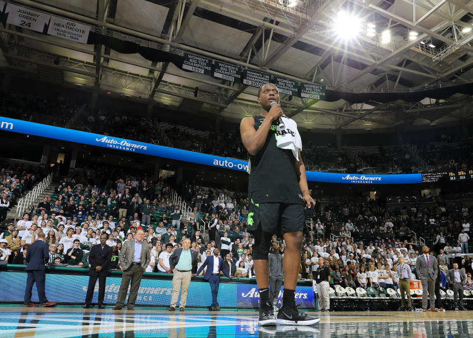 After leading the Spartans past Charleston Southern on Monday, Cassius Winston stopped to thank Michigan State fans after his emotional week. (Rey Del Rio/Getty Images)