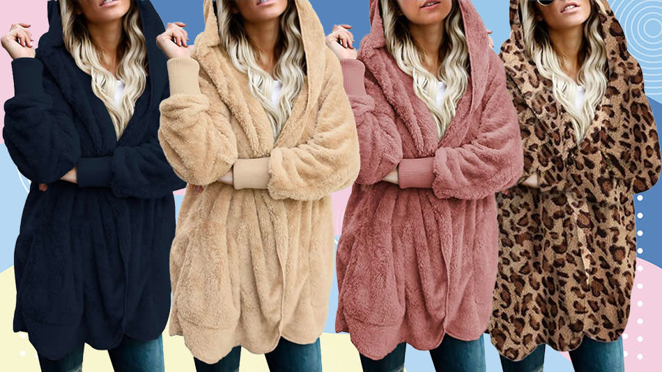 four women in blue, beige, rose gold, and leopard-print teddy bear jackets 