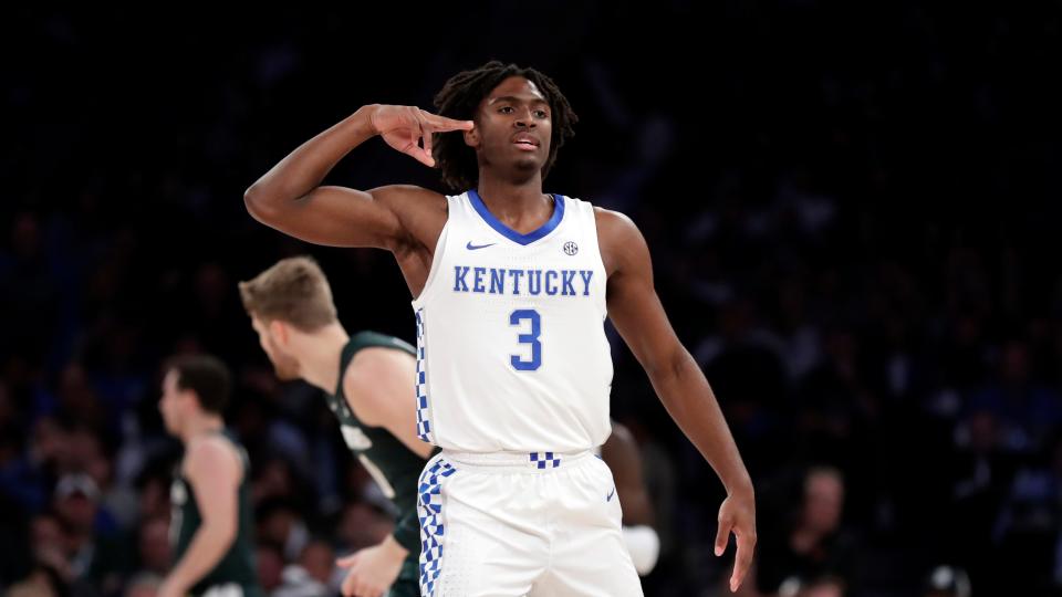 Kentucky guard Tyrese Maxey reacts after a 3-point basket during the first half of a November 2019 game.