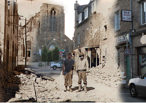 “Junto a mi abuelo en las calles de Pleurtuit, Francia, en 1944 y 2013”