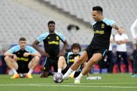 Inter Milan's Lautaro Martinez kicks the ball during a training session at the Ataturk Olympic Stadium in Istanbul, Turkey, Friday, June 9, 2023. Manchester City and Inter Milan are making their final preparations ahead of their clash in the Champions League final on Saturday night. (AP Photo/Antonio Calanni)