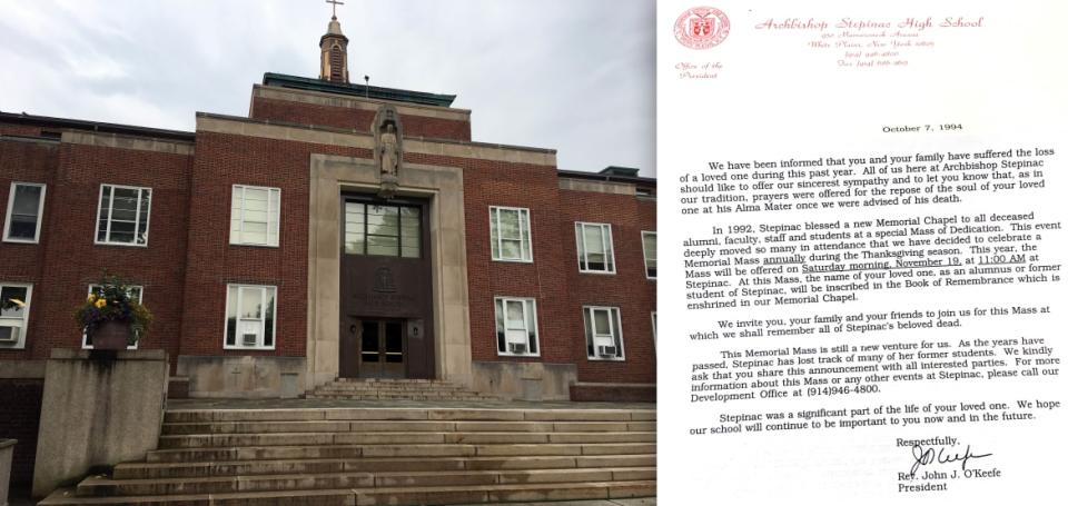 <div class="inline-image__caption"><p>Left: The Stepinac front steps. Right: The condolence letter sent to the author by Stepinac President, John J. O’Keefe, who would later be convicted of child abuse and defrocked.</p></div> <div class="inline-image__credit">Courtesy Jenny Grosvenor</div>