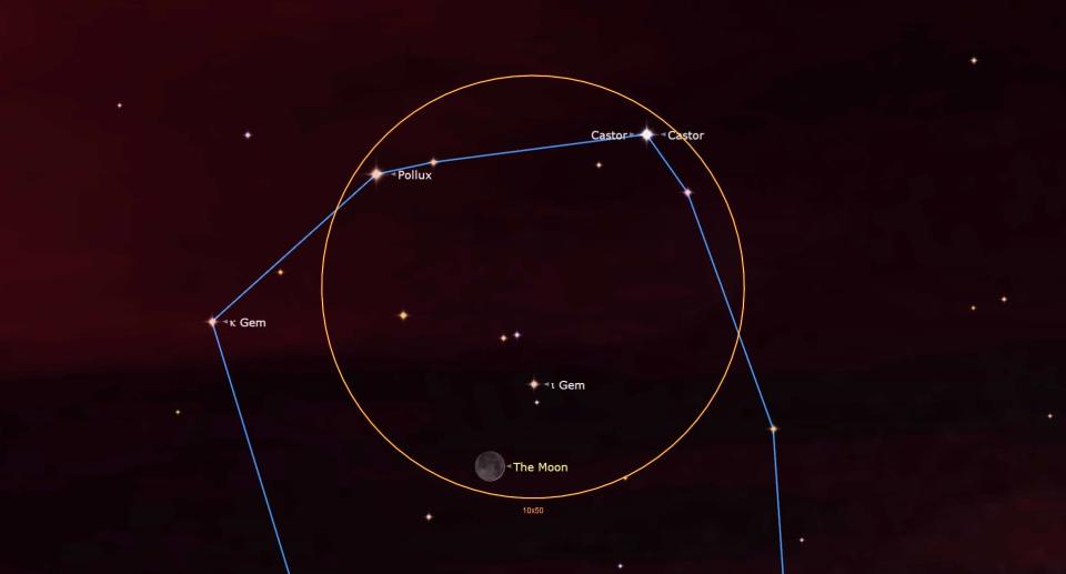 Sky map of the crescent moon and bright stars castor and pollux on June 19, 2023