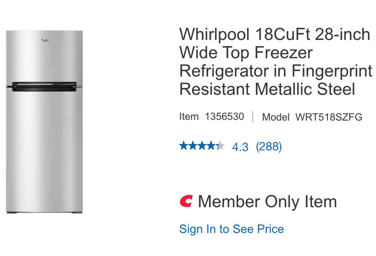 Costco website featuring Whirlpool refrigerator that's a 'Member Only Item'